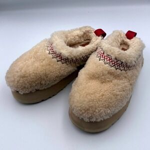 UGG Tazz Heritage Braid Fuzzy Platform Slides Cream Natural Sherpa Womens Size 6